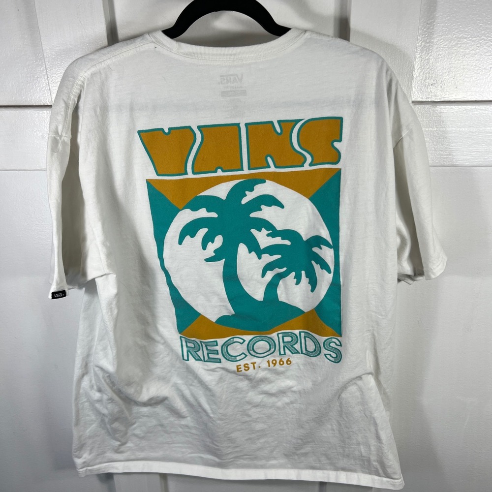 Vans Records Graphic T-Shirt Mens XL White Palm Tree Skater Tee VN0A49R7